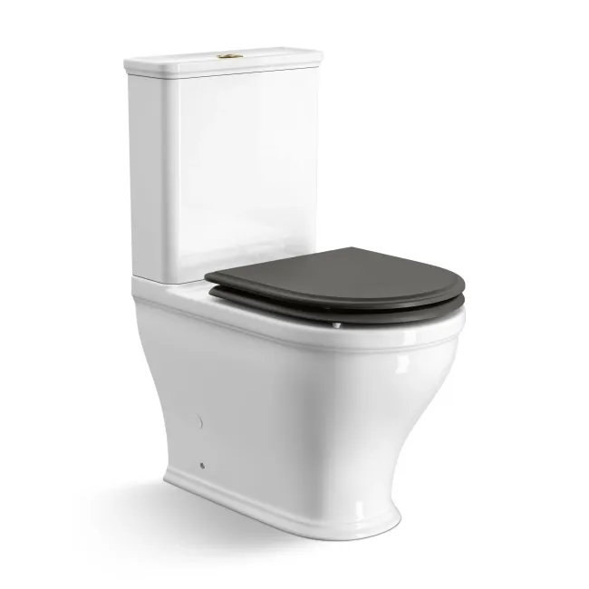 Kansas Traditional Rimless Close Coupled Toilet With Graphite Grey Wooden Seat Brushed Brass Hinges
