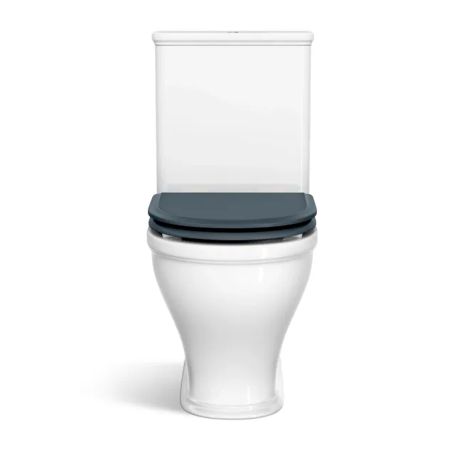 Kansas Traditional Rimless Close Coupled Toilet With Inky Blue Wooden Seat - Brushed Brass Hinges