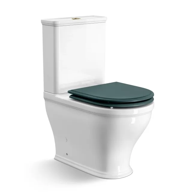 Kansas Traditional Rimless Close Coupled Toilet With Midnight Green Wooden Seat Brass Hinges
