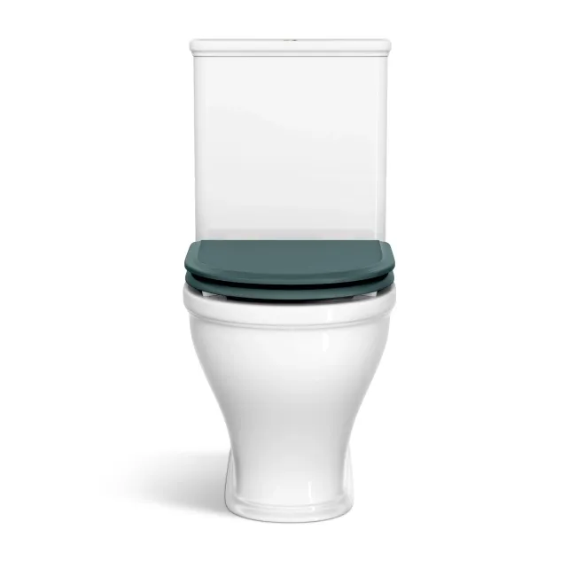 Kansas Traditional Rimless Close Coupled Toilet With Midnight Green Wooden Seat Brass Hinges