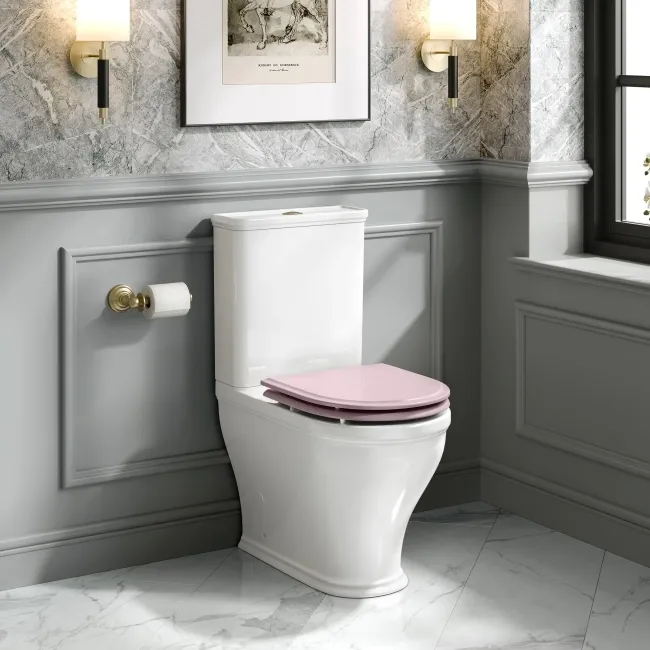 Kansas Traditional Rimless Close Coupled Toilet With Cashmere Pink Wooden Seat Brushed Brass Hinges