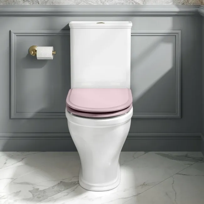 Kansas Traditional Rimless Close Coupled Toilet With Cashmere Pink Wooden Seat Brushed Brass Hinges
