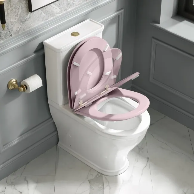 Kansas Traditional Rimless Close Coupled Toilet With Cashmere Pink Wooden Seat Brushed Brass Hinges