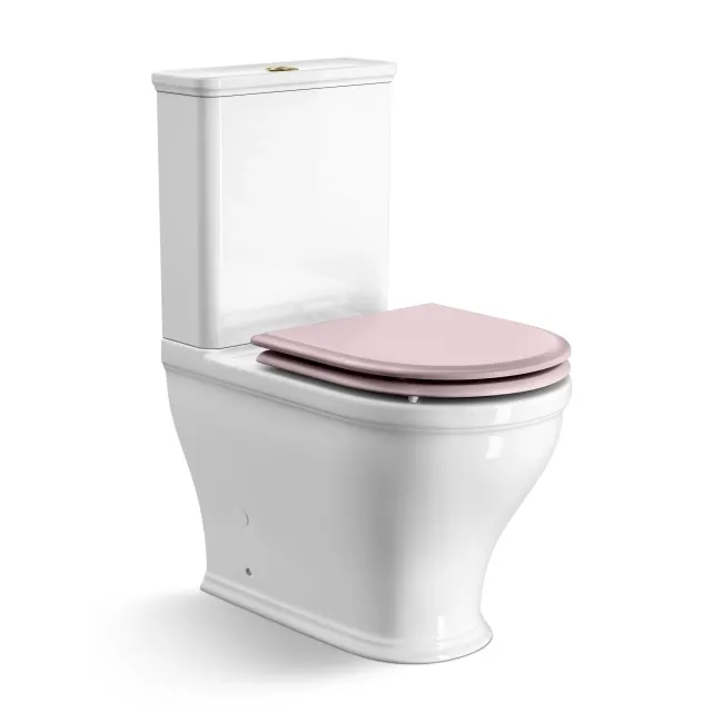 Kansas Traditional Rimless Close Coupled Toilet With Cashmere Pink Wooden Seat Brushed Brass Hinges