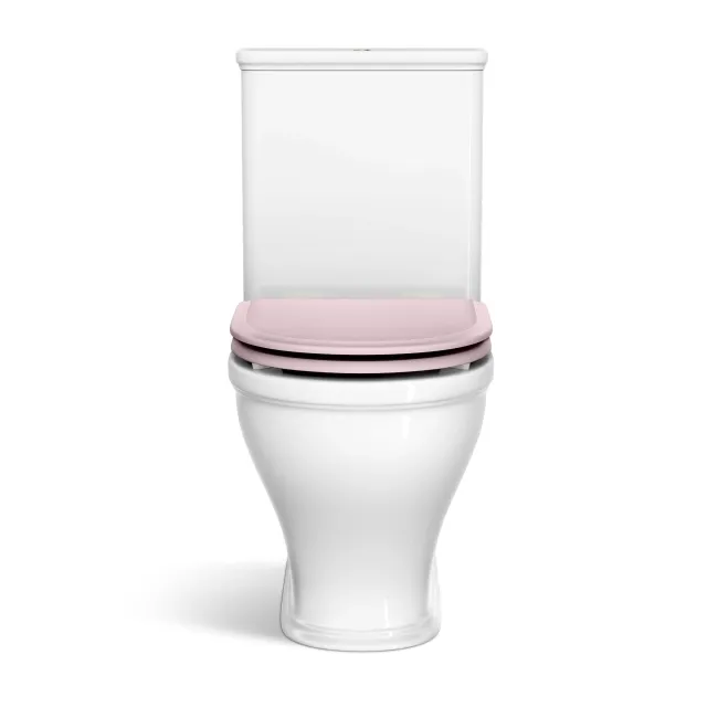 Kansas Traditional Rimless Close Coupled Toilet With Cashmere Pink Wooden Seat Brushed Brass Hinges