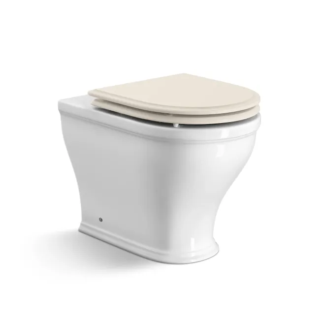 Kansas Traditional Rimless Back To Wall Toilet With Chalk White Wooden Seat - Brushed Brass Hinges