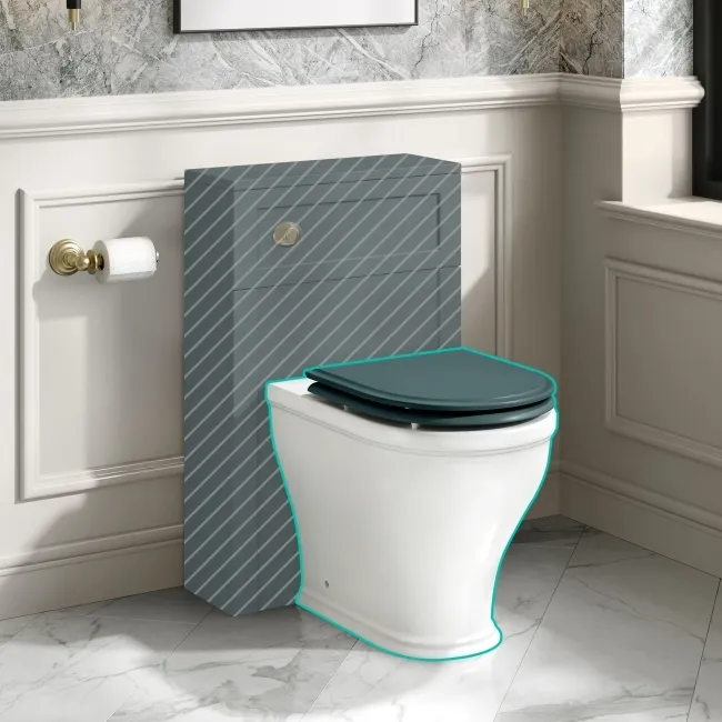 Kansas Traditional Rimless Back To Wall Toilet With Midnight Green Wooden Seat Brushed Brass Hinges