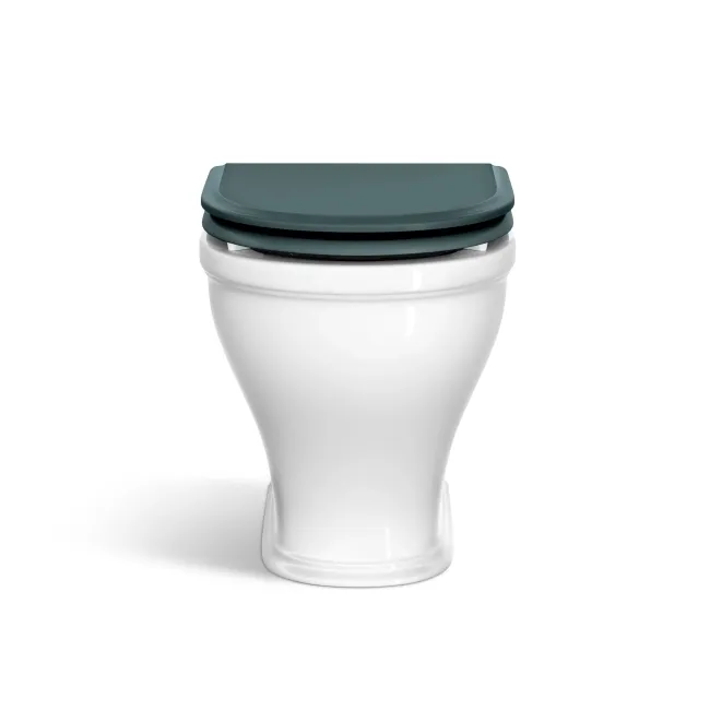 Kansas Traditional Rimless Back To Wall Toilet With Midnight Green Wooden Seat Brushed Brass Hinges