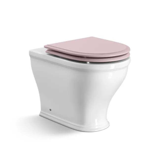 Kansas Traditional Rimless Back To Wall Toilet With Cashmere Pink Wooden Seat - Brushed Brass Hinges
