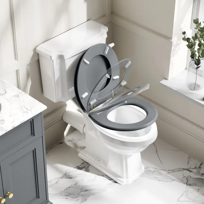 Hudson Traditional Close Coupled Toilet With Dove Grey Wooden Seat - Brushed Brass Lever