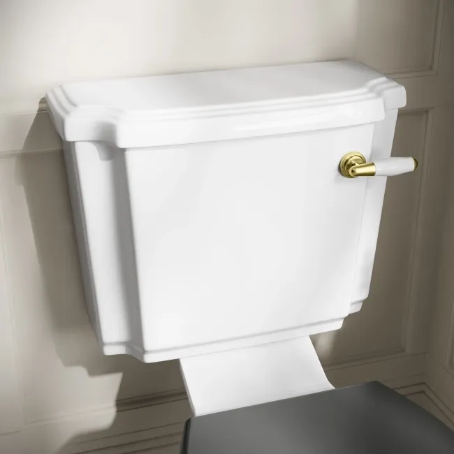 Hudson Traditional Close Coupled Toilet With Graphite Grey Wooden Seat - Brushed Brass Lever