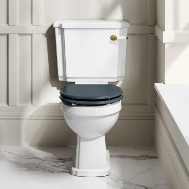 Hudson Traditional Close Coupled Toilet With Inky Blue Wooden Seat - Brushed Brass Lever