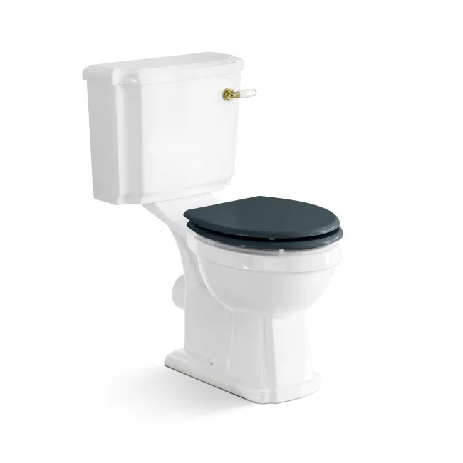 Hudson Traditional Close Coupled Toilet With Inky Blue Wooden Seat - Brushed Brass Lever