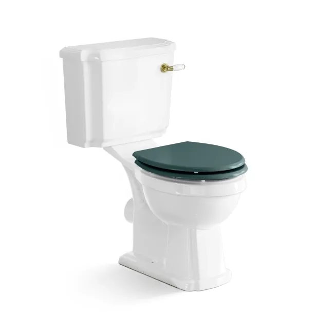 Hudson Traditional Close Coupled Toilet With Midnight Green Wooden Seat - Brushed Brass Lever