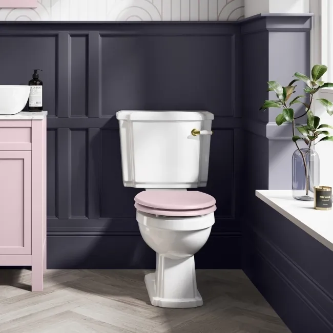 Hudson Traditional Close Coupled Toilet With Cashmere Pink Wooden Seat - Brushed Brass Lever