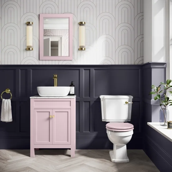 Hudson Traditional Close Coupled Toilet With Cashmere Pink Wooden Seat - Brushed Brass Lever