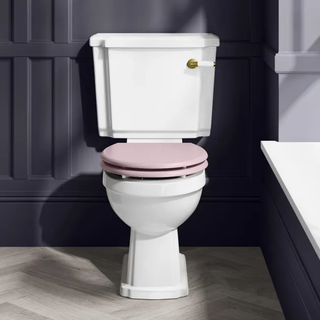 Hudson Traditional Close Coupled Toilet With Cashmere Pink Wooden Seat - Brushed Brass Lever