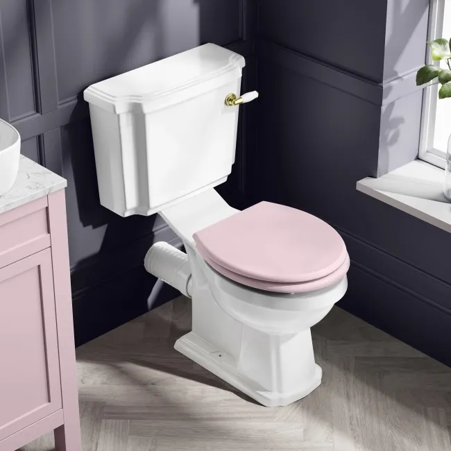 Hudson Traditional Close Coupled Toilet With Cashmere Pink Wooden Seat - Brushed Brass Lever