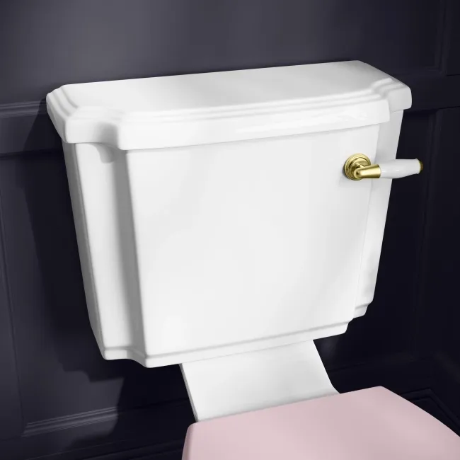 Hudson Traditional Close Coupled Toilet With Cashmere Pink Wooden Seat - Brushed Brass Lever