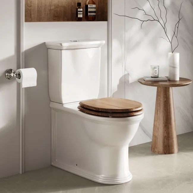 Alma Traditional Rimless Close Coupled Toilet With Oak Effect Wooden Soft Close Seat
