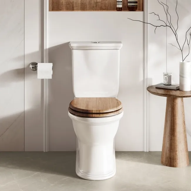 Alma Traditional Rimless Close Coupled Toilet With Oak Effect Wooden Soft Close Seat
