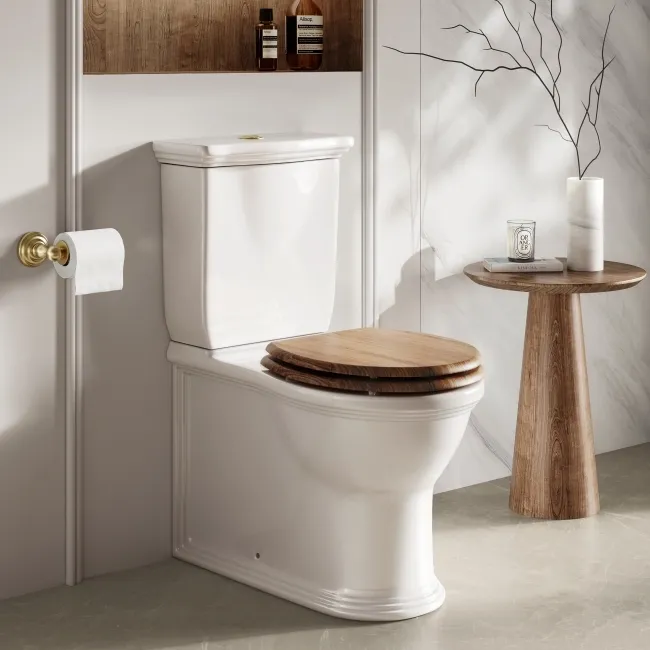 Alma Traditional Rimless Close Coupled Toilet With Oak Effect Soft Close Seat Brushed Brass Hinges