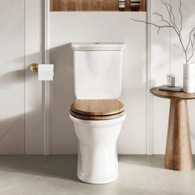 Alma Traditional Rimless Close Coupled Toilet With Oak Effect Soft Close Seat Brushed Brass Hinges