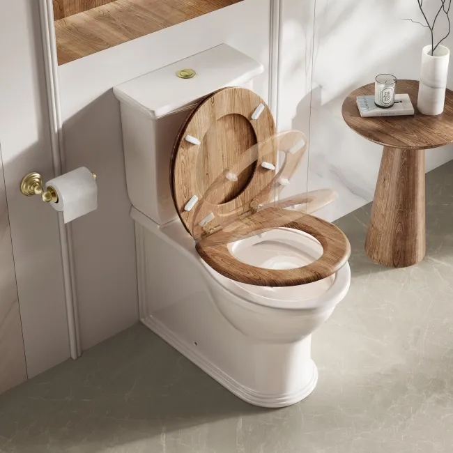 Alma Traditional Rimless Close Coupled Toilet With Oak Effect Soft Close Seat Brushed Brass Hinges