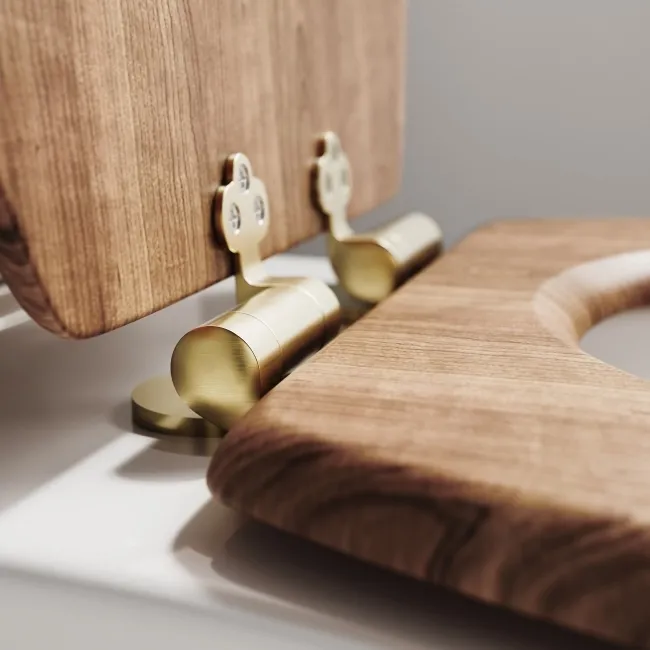 Alma Traditional Rimless Close Coupled Toilet With Oak Effect Soft Close Seat Brushed Brass Hinges