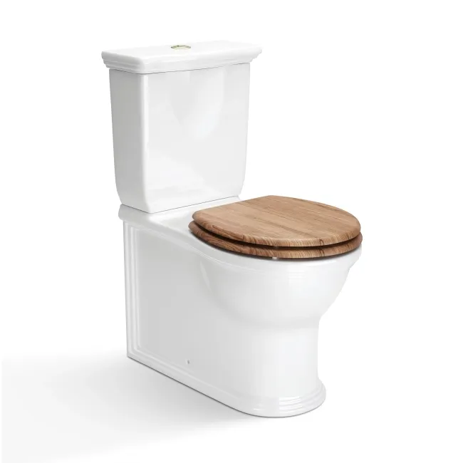 Alma Traditional Rimless Close Coupled Toilet With Oak Effect Soft Close Seat Brushed Brass Hinges