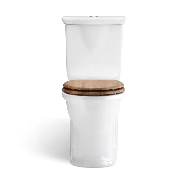 Alma Traditional Rimless Close Coupled Toilet With Oak Effect Soft Close Seat Brushed Brass Hinges