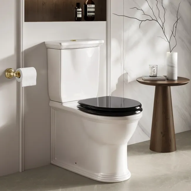 Alma Traditional Rimless Close Coupled Toilet With Gloss Black Soft Close Seat Brushed Brass Hinges