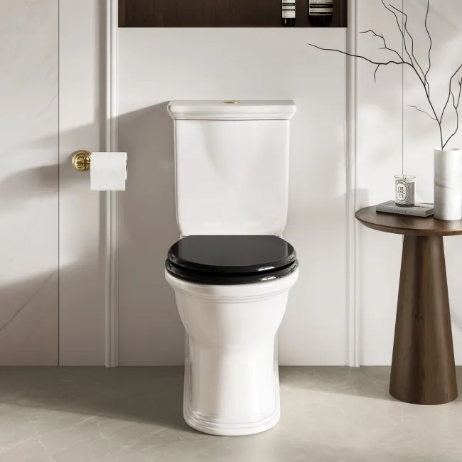 Alma Traditional Rimless Close Coupled Toilet With Gloss Black Soft Close Seat Brushed Brass Hinges
