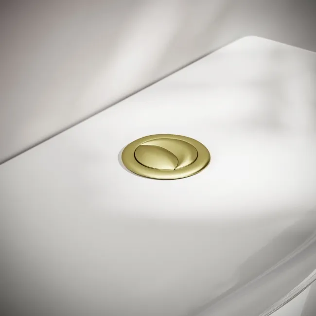 Alma Traditional Rimless Close Coupled Toilet With Gloss Black Soft Close Seat Brushed Brass Hinges