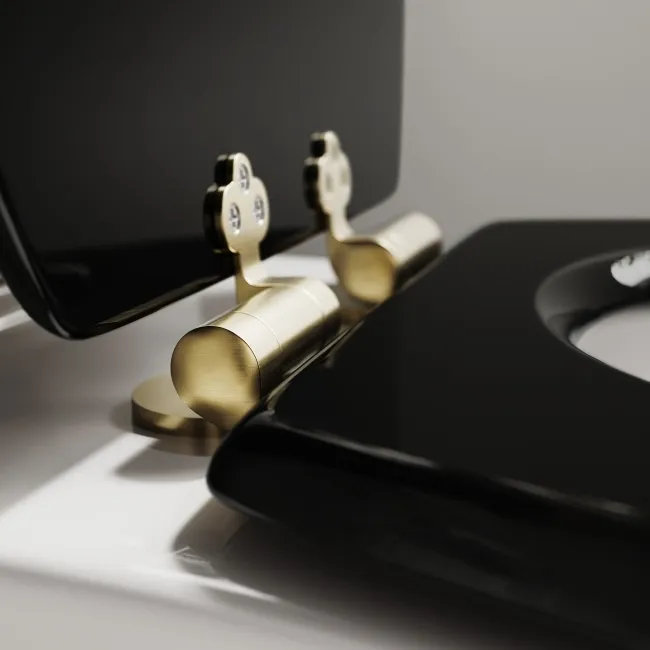 Alma Traditional Rimless Close Coupled Toilet With Gloss Black Soft Close Seat Brushed Brass Hinges