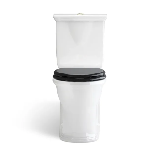 Alma Traditional Rimless Close Coupled Toilet With Gloss Black Soft Close Seat Brushed Brass Hinges