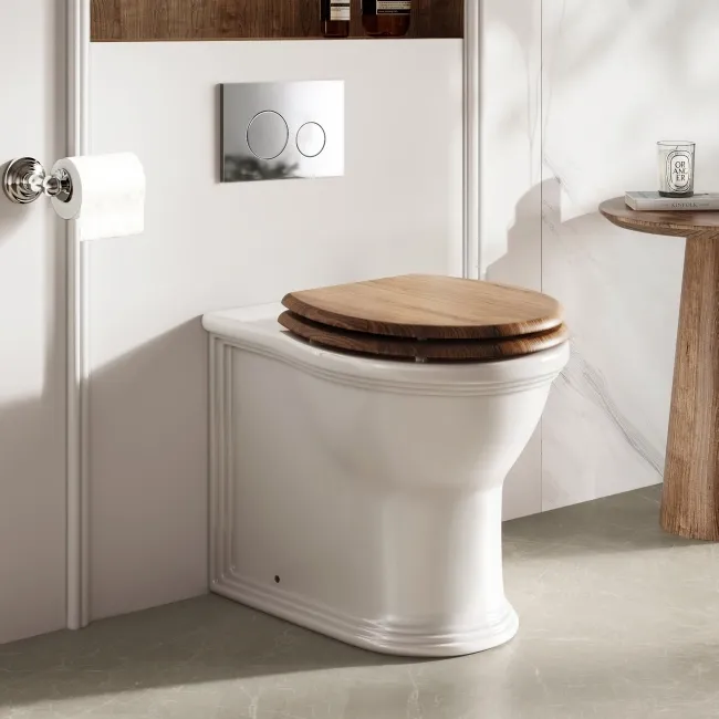 Alma Traditional Rimless Back To Wall Toilet With Oak Effect Wooden Soft Close Seat