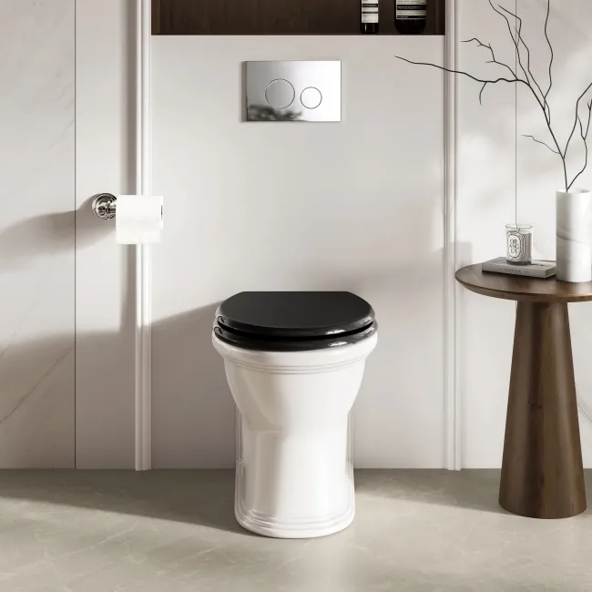 Alma Traditional Rimless Back To Wall Toilet With Gloss Black Wooden Soft Close Seat