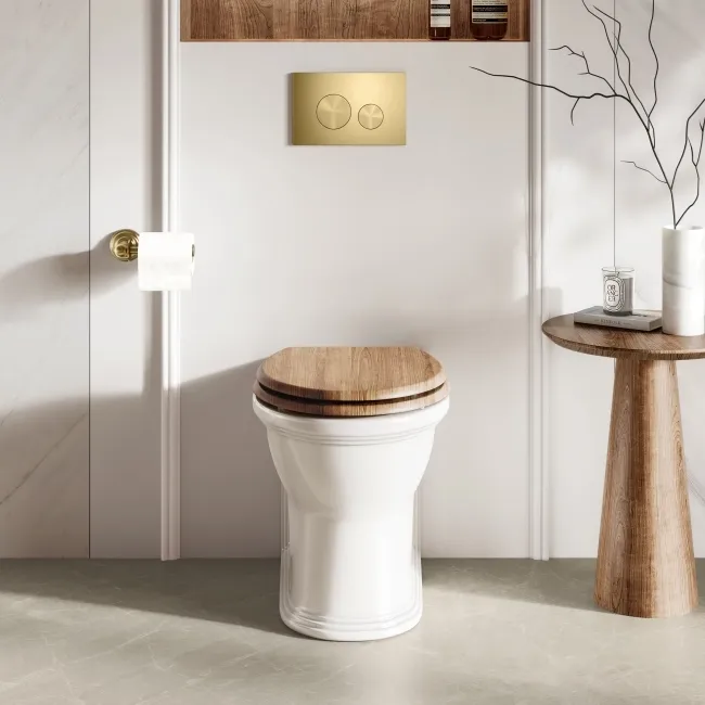 Alma Traditional Rimless Back To Wall Toilet With Oak Effect Soft Close Seat - Brushed Brass Hinges