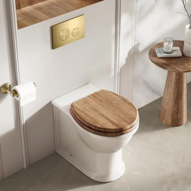 Alma Traditional Rimless Back To Wall Toilet With Oak Effect Soft Close Seat - Brushed Brass Hinges