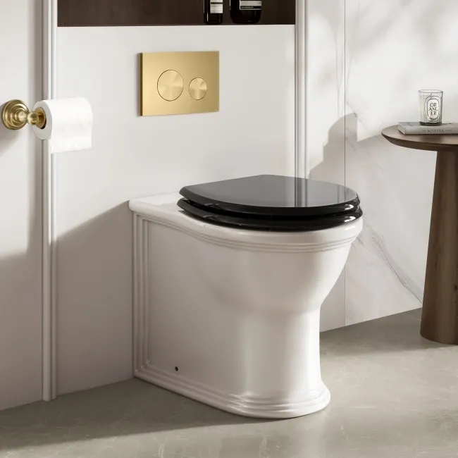 Alma Traditional Rimless Back To Wall Toilet With Gloss Black Soft Close Seat Brushed Brass Hinges
