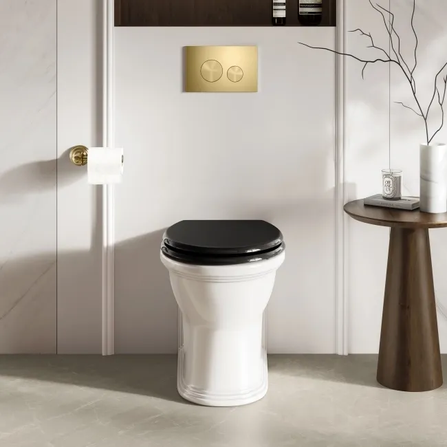 Alma Traditional Rimless Back To Wall Toilet With Gloss Black Soft Close Seat Brushed Brass Hinges