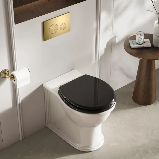 Alma Traditional Rimless Back To Wall Toilet With Gloss Black Soft Close Seat Brushed Brass Hinges