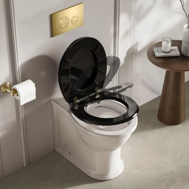 Alma Traditional Rimless Back To Wall Toilet With Gloss Black Soft Close Seat Brushed Brass Hinges