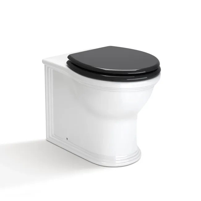 Alma Traditional Rimless Back To Wall Toilet With Gloss Black Soft Close Seat Brushed Brass Hinges