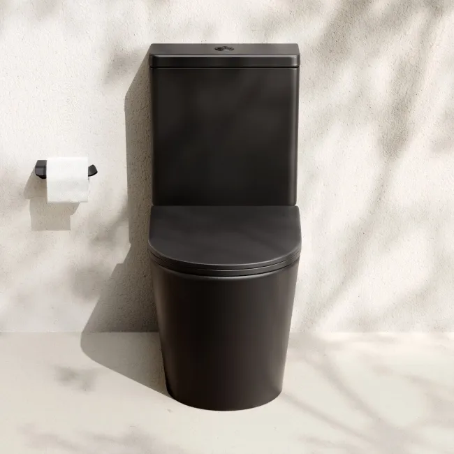 Loma Matt Black Rimless Fully Back To Wall Close Coupled Toilet With Premium Soft Close Slim Seat