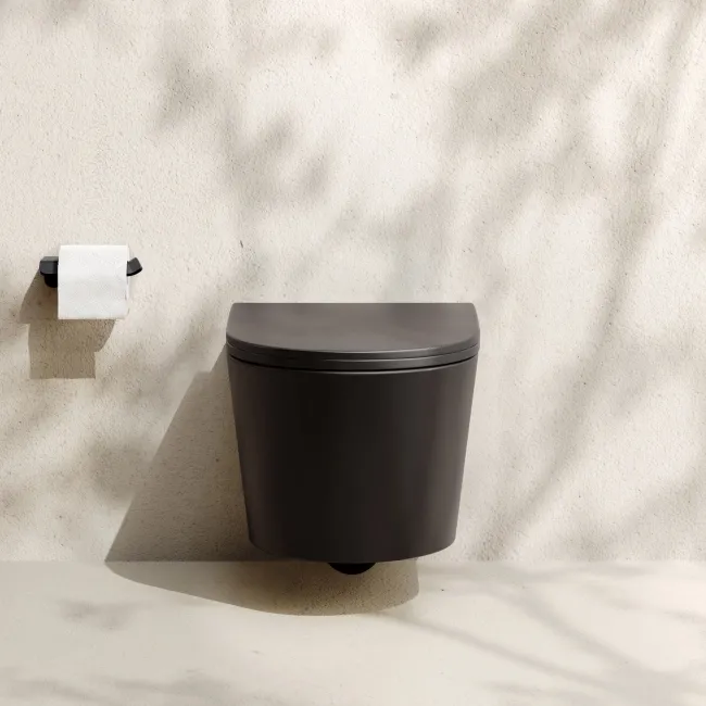Loma Matt Black Rimless Wall Hung Toilet With Premium Soft Close Slim Seat