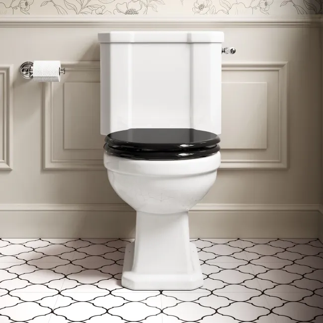 Enid Traditional Close Coupled Toilet With Gloss Black Wooden Seat & Pedestal Basin Double Tap Hole