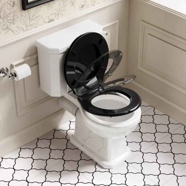 Enid Traditional Close Coupled Toilet With Gloss Black Wooden Seat & Pedestal Basin Double Tap Hole