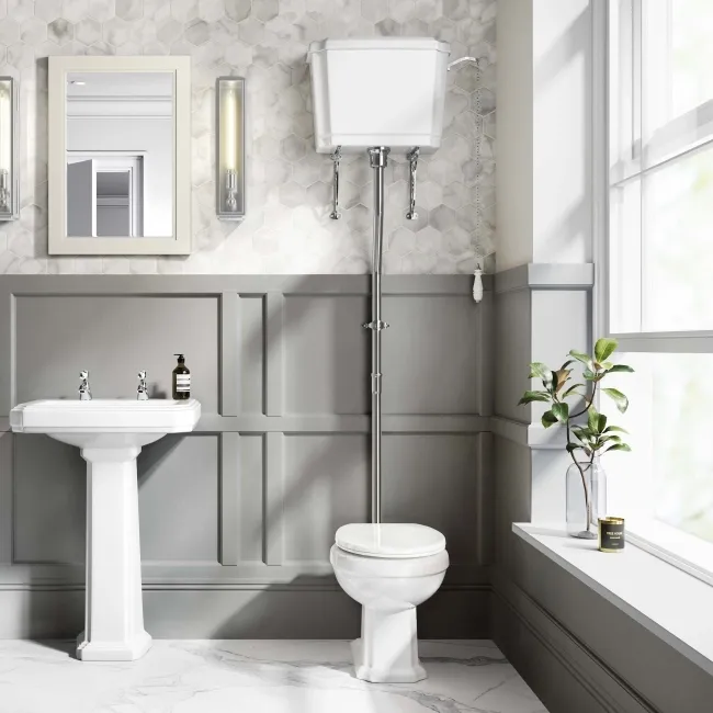 Hudson Traditional Close Coupled Toilet High-Level Cistern & Pedestal Basin Set Double Tap Hole
